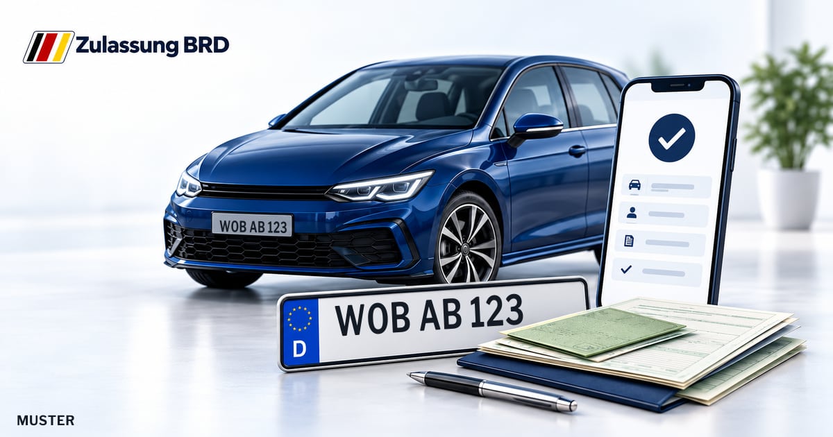 Online Fahrzeugzulassung in Wolfsburg: Musterkennzeichen WOB AB 123, Auto und Fahrzeugpapiere und Smartphone. Illustration mit Logo von Zulassung BRD.
